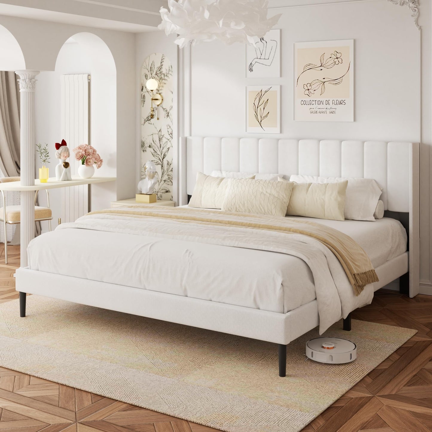 HAOARA King Size Velvet Bed Frame and Vertical Chanel Tufted Headboard, Upholstered Platform Bed wtih Wingback, No Box Spring Needed, Strong Wooden Slats, White