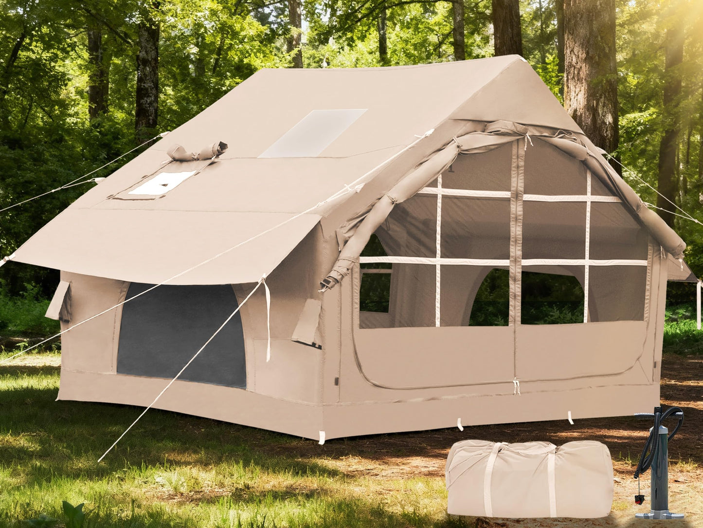 Inflatable Tents for Camping with Stove Jack,4-6 Person Easy Setup Blow Up Tents for 4 Seasons Waterproof Inflatable Camping Tent with Clear Skylight, Air House Glamping Tents for Adult