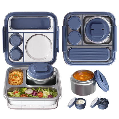 Fomazi Stainless Steel Bento Lunch Box for Kids Adults with 8oz Insulated Food Jar, Leak-proof, Dishwasher-Safe, Transparent Lid with Sauce Cup and Cutlery Storage for School & Travel,BPA-Free(Blue)