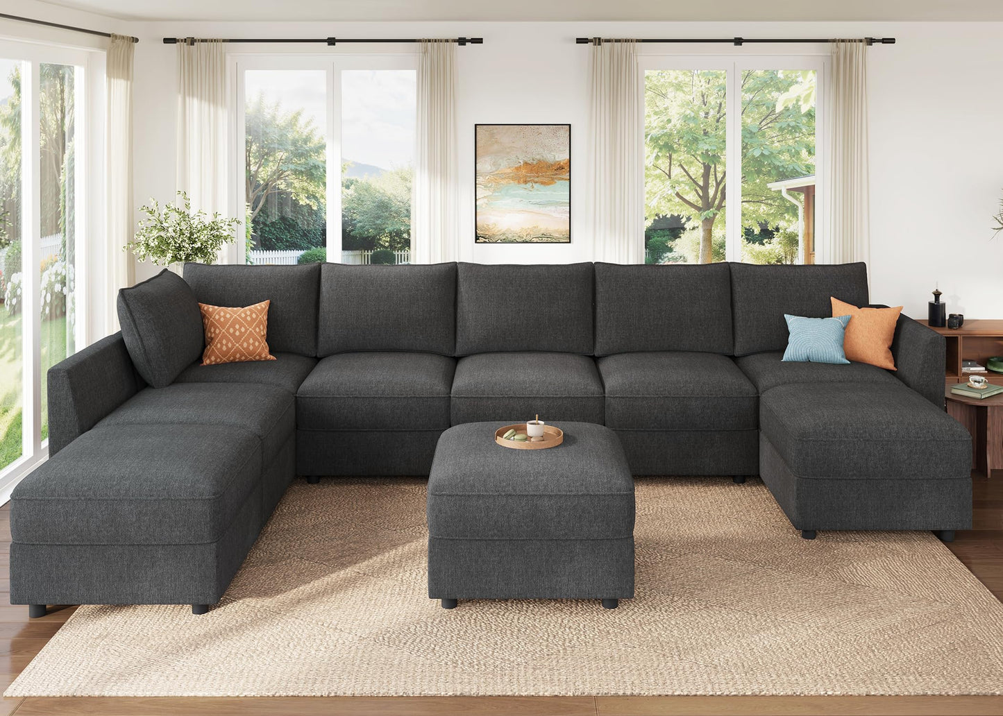 HONBAY Modular Sectional Sofa with Storage, U Shaped Couch Modular Convertible Sectional Couches for Living Room - Snowflake Velvet Grey