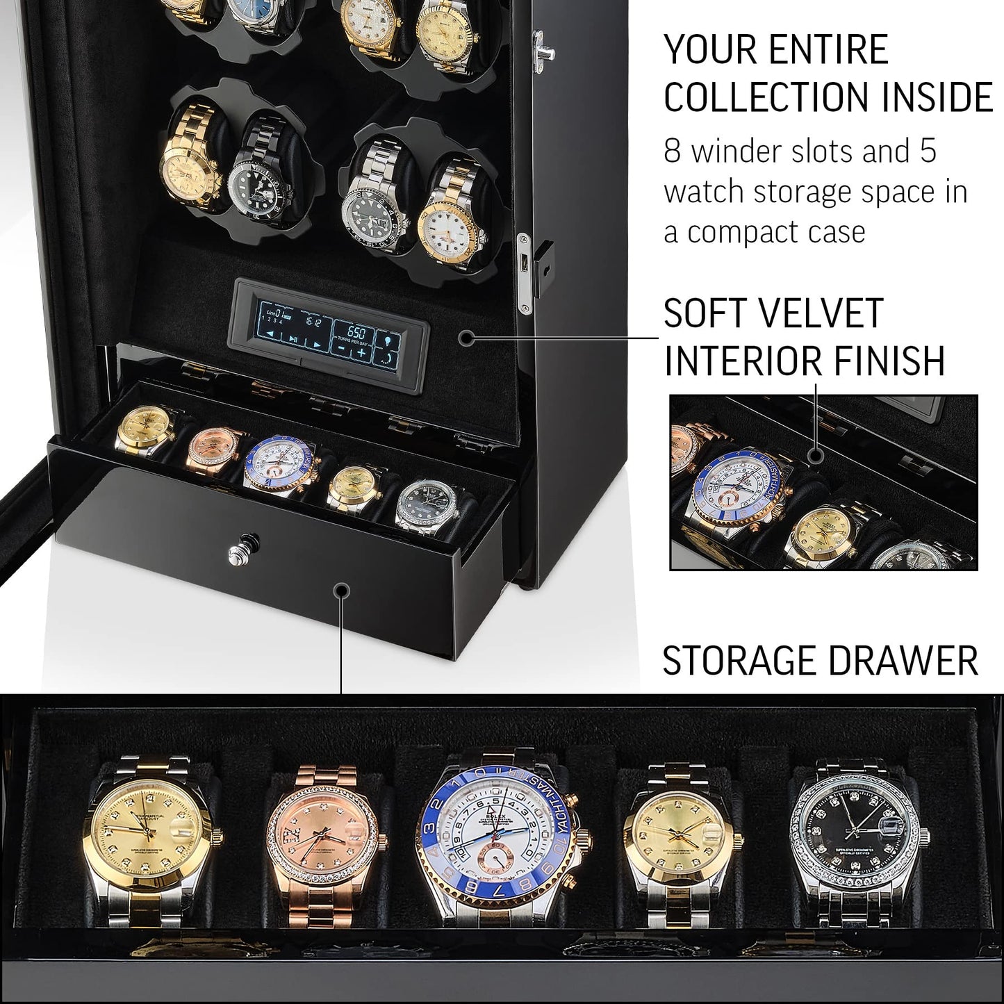 8 Watch Winder with LED Backlight and 5 Watch Storage Drawer