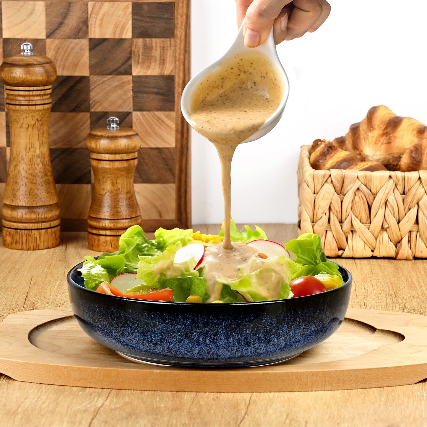 Ollieroo 4 Pieces 7.8 Inch Ceramic Pasta Bowls Set, 37oz Porcelain Reactive Glaze Salad Bowls Set, Large Serving Bowls Set for 4, Wide Bowls for Soup, Cereals, Fruit, Dishwasher Microwave Safe, Blue
