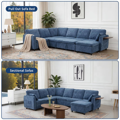 Modular Sectional Couch with Pull Out Sofa Bed, 116" U Shaped Modular Cloud Sofa Set with Ottoman, Charging Port & Foldable Side Table, 7 Seater Comfy Chenille Sleeper Couch for Living Room, Blue