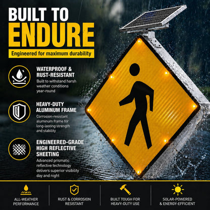 GAJTTR 24" Solar Powered LED Pedestrian Crossing Sign, High Visibility Flashing Crosswalk Sign with 8 Blinking LEDs, Engineer Grade Reflective Film, Heavy Duty Aluminum Metal Frame for Schools, Driveways & Communities (Yellow)