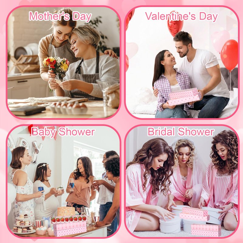 Reallnaive 30 Sets Mother's Day Chocolate Strawberries Boxes with Clear Window 30 Pcs Bakery Macaron Box 250 Pcs Paper Food Tray 4 Bags Raffia Gift for Mother's Day 12 x 2.2 x 2 Inch(Elegant Style)