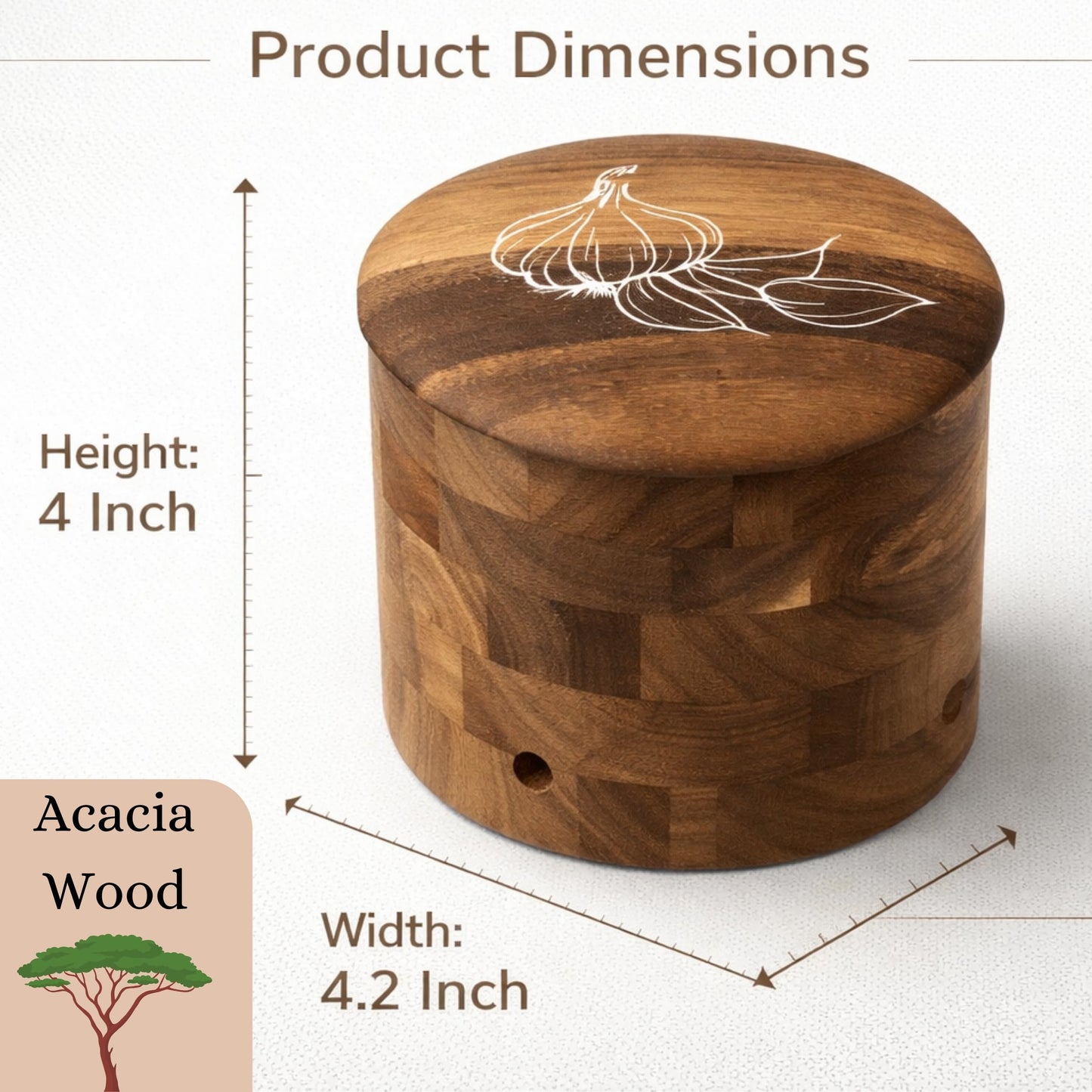 Jean Lemond Introducing The Always Fresh Acacia Garlic Keeper For Counter. A Crafted Small / Regular Garlic Storage Jar. A Rustic Garlic Holder Container Pot Saver With Lid. (Regular (Fits 3 Bulbs))