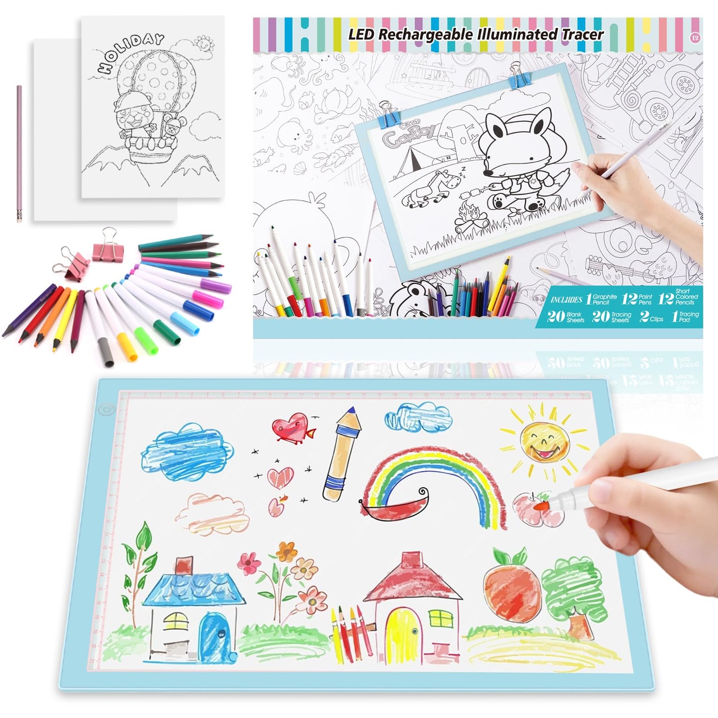 Light Up Tracing Board Kits Blue, 15" Writing Tracer Pad for Kids Ages 3-12, Drawing Tablet Supplies for Diamond Art Painting Accessories, Sketching Light Box Table for Boys Adults Holiday Gift Toys
