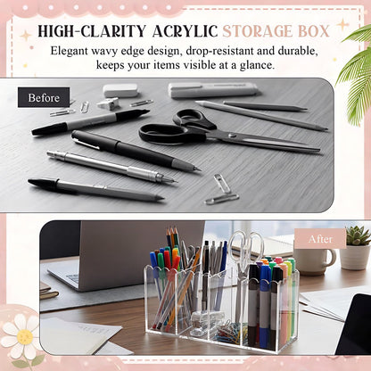 Tosstuki Scalloped Acrylic Pencil Holder for Desk, Clear Pen Organizer with 4 Compartments, Marker Makeup Brush Holder Remote Caddy for Home, Office, Bathroom, Classroom, Table