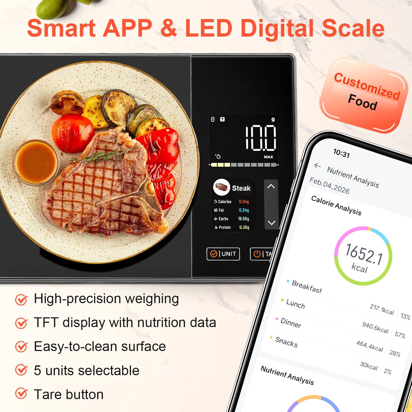 Smart Kitchen Food Scale with Nutritional Calculator, Calorie Fat Carbs Protein Tracker, Free App, Barcode Scan, Food Preload, On-Screen Nutrient Display, Personal Goals, 11 lb / 5 kg