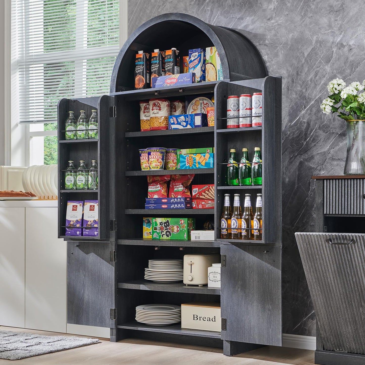 IFGET 71" Tall Arched Kitchen Pantry, Modern Fluted Wood Storage Cabinet with Doors, 3 Adjustable Shelves, 6 Door Shelves, Organizer, Versatile Cupboard for Kitchen,Bathroom, Dark Gray