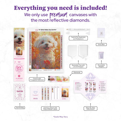 DIAMOND ART CLUB Fields of Joy - Maltese Diamond Painting Kit, Fun DIY Crafts for Adults, Round Diamond Art Canvas, 13" x 17" (33 cm x 42.7 cm)
