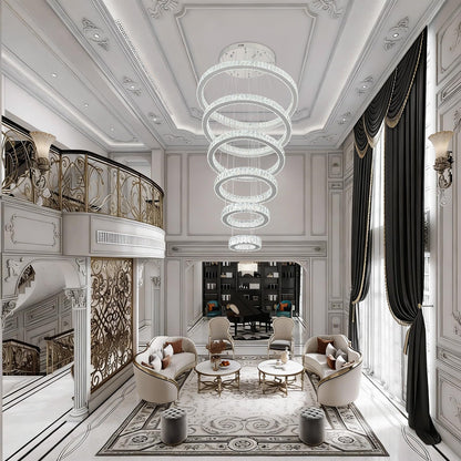 Finktonglan 6-Ring Crystal LED Chandelier, Cool White 6000K Modern Pendant Light, Adjustable Height up to 118", K9 Stainless Rings (Ø7.9–27.6"), Non-Dimmable for Foyer Stair Living Room