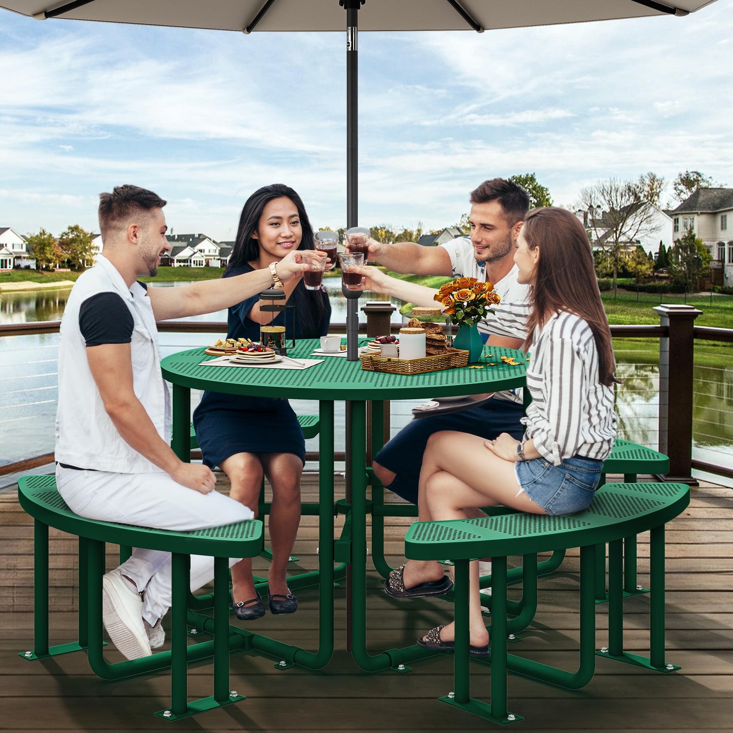 YITAHOME Coated Steel Picnic Table, 46" Heavy Duty Outdoor Picnic Table w/Sturdy Steel Frame & Umbrella Hole for Yard Patio Lawn Party, Round, Green