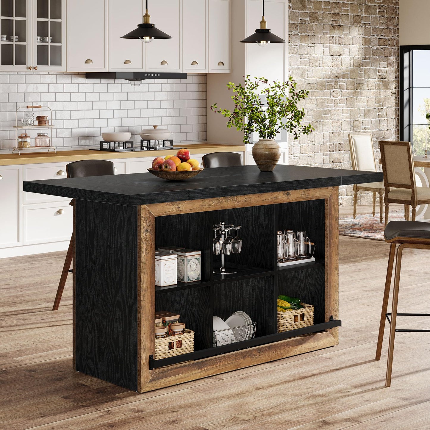 Tribesigns Kitchen Island with Storage, Counter Height Kitchen Island Table with 6 Open Cubbies and Footrests, Coffee Bar Table for Dining Room, Black&Brown