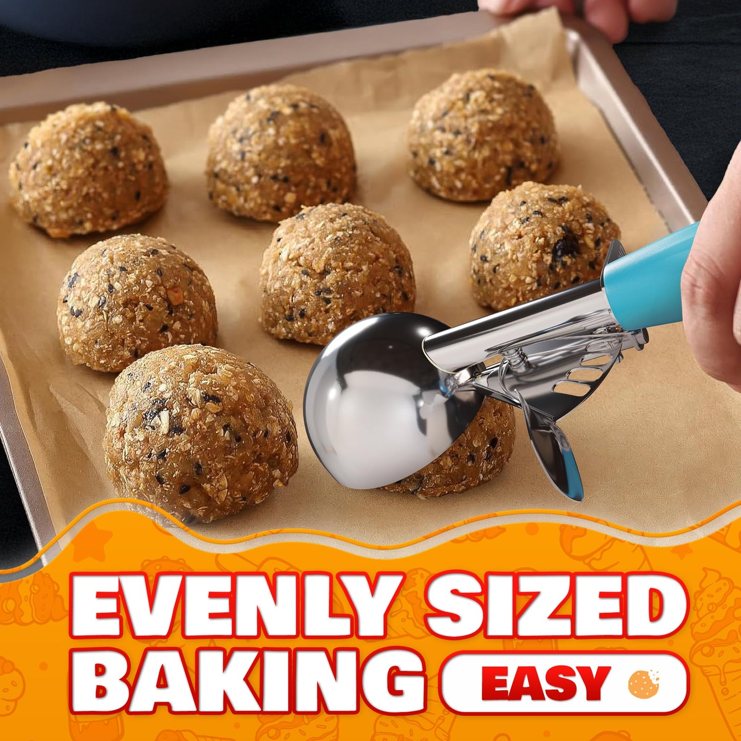 Cookie Scoop Set - Ice Cream Scoop with Trigger - Cookie Scoops for Baking Set of 3#16 (2.7 oz), #20 (2 oz), #30 (1.25 oz), Stainless Steel Versatile Tool, Portion Control for Cookies and Treats Prep