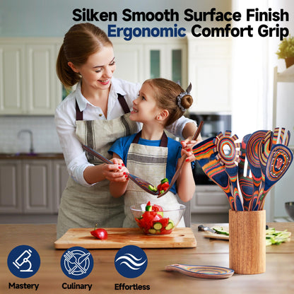 Pakkawood Blue Wooden Kitchen Utensil Set, 7-Piece Cooking Spoons, Non-Stick Colorful Serving Tools with Decorative Pattern