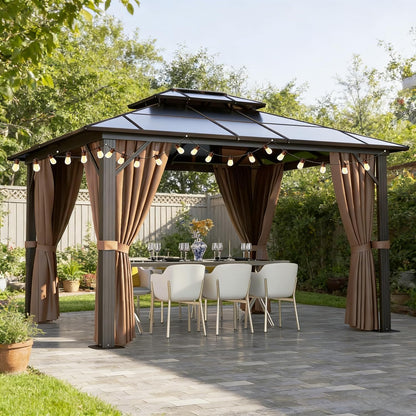 Breezestival 10'x12' Hardtop Gazebo, Aluminum Frame Permanent Pavilion with String Lights,Curtains and Netting, Outdoor Metal Gazebo Polycarbonate Double Roof Canopy for Garden,Lawns,Patio, Brown