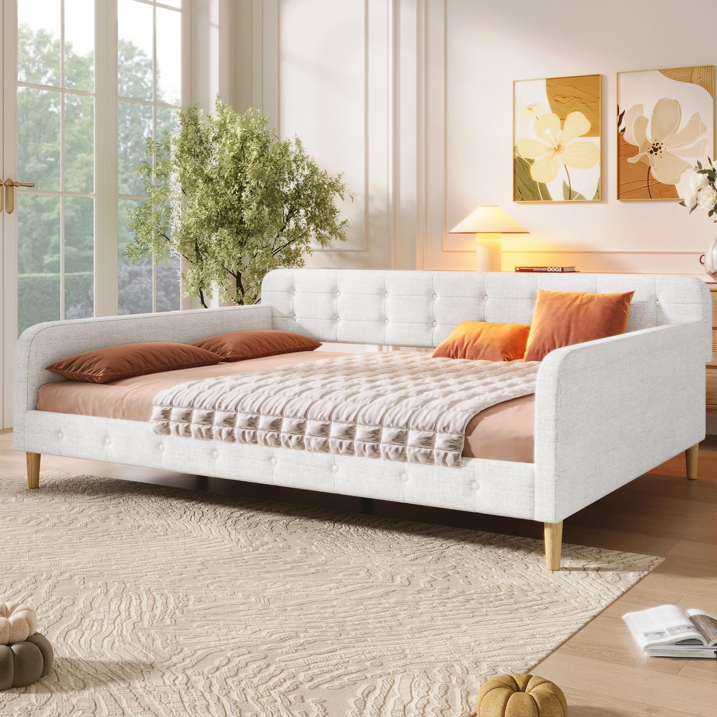 Merax 85" Queen Size Linen Upholstered Daybed with 4 Support Legs,Beige
