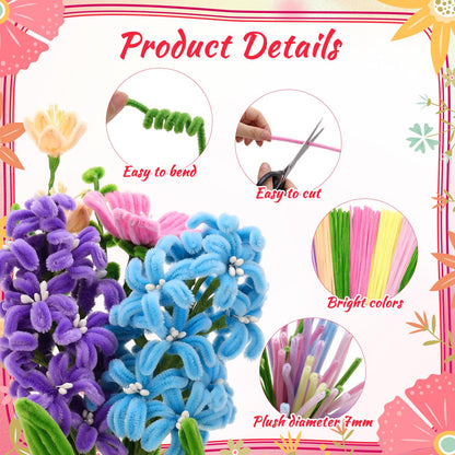 Ovveroche 1000 PCS Pipe Cleaners Craft, Pipe Cleaner Bulk Flower Kit with Handle, 7 Colors Chenille Stems Flower Making Kit with Floral Wires, Gardening Tape, Stamen, Ribbon for Art Craft Supplies