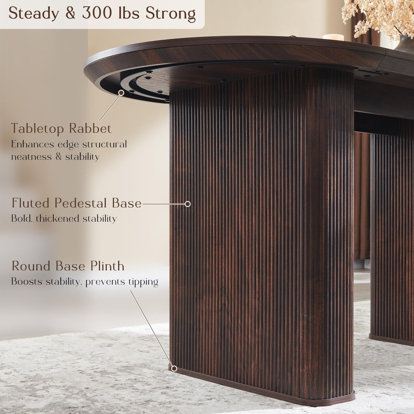 T4TREAM 63" Fluted Oval Dining Table for 4-6, Mid-Century Modern Kitchen Table with Thickened Edge & Strip Pedestal Base, Wood Luxury Table for Dining Room/Kitchen/Home Office, Walnut (Table Only)