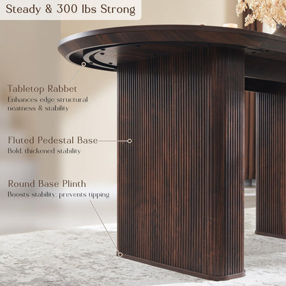 T4TREAM 63" Fluted Oval Dining Table for 4-6, Mid-Century Modern Kitchen Table with Thickened Edge & Strip Pedestal Base, Wood Luxury Table for Dining Room/Kitchen/Home Office, Walnut (Table Only)