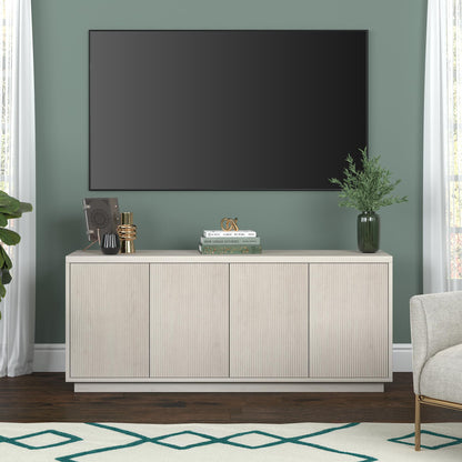 Henn&Hart Fluted TV Stand for TVs up to 65" with 2 Concealed Ribbed Storage Cabinets and Adjustable Shelves for Living Room, Family Room, or Office, Beech White