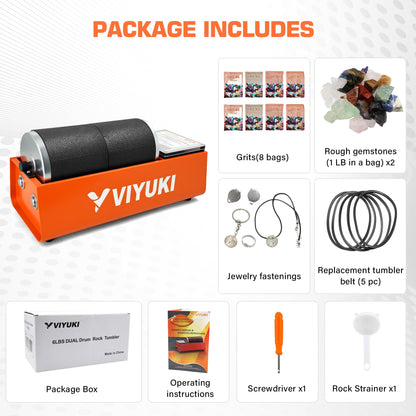 VIYUKI Professional Rock Tumbler Kit - Double Drum 6LB Rock Polisher(Double Barrel), Includes Rough Gemstones, 8 Polishing Grits, Jewelry, Learning Guide, Ideal Gift for Adults & Collectors