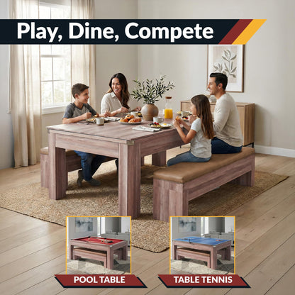 Hathaway Newport 7 Foot Dining Pool Table Combo with Game Accessories, & 2 Benches – Multifunctional Billiards Table with Ping Pong & Dining Top – Light Oak Finish, Chrome Accents, Red Felt