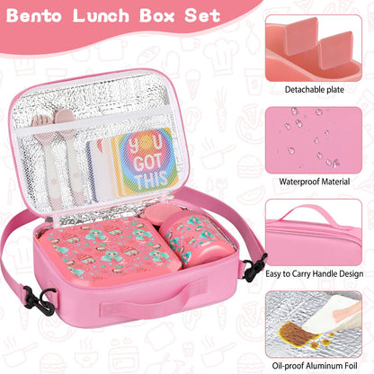 wiwens Bento Lunch Box for Kids with 12oz Soup Thermo Leak-Proof Lunch Food Container with 5 Compartment Thermo Hot Food Jar and Insulated Lunch Bag for Kid Toddler Girls Boys to School