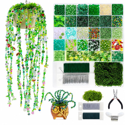 5422PCS Forever Plant Bead Kit, Green Glass Beads for Beaded Plants & Succulent DIY Crafts, Sun Catcher Home Decor Kit with Leaf Flower Beads, Moss, Floral Wire,Bead Stop Clamp (no pot & foam block)