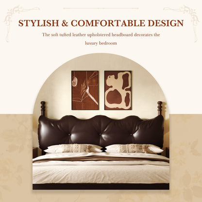Christopher Knight Home Calka Classic King Bed Frame and Headboard, PU Leather Upholstered King Size Bed Frame with Tufted Design, Wooden Slats Support, No Box Spring Needed Bedframe, Dark Brown
