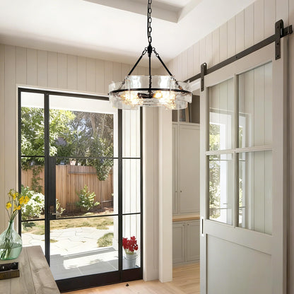 Water Textured Black Glass Drum Chandelier,Glass Chandeliers for Dining Room 20.8" Round Chandelier Dining Room Light Fixtures Over Table Modern Farmhouse Glass Pendant Light for Living Room Foyer