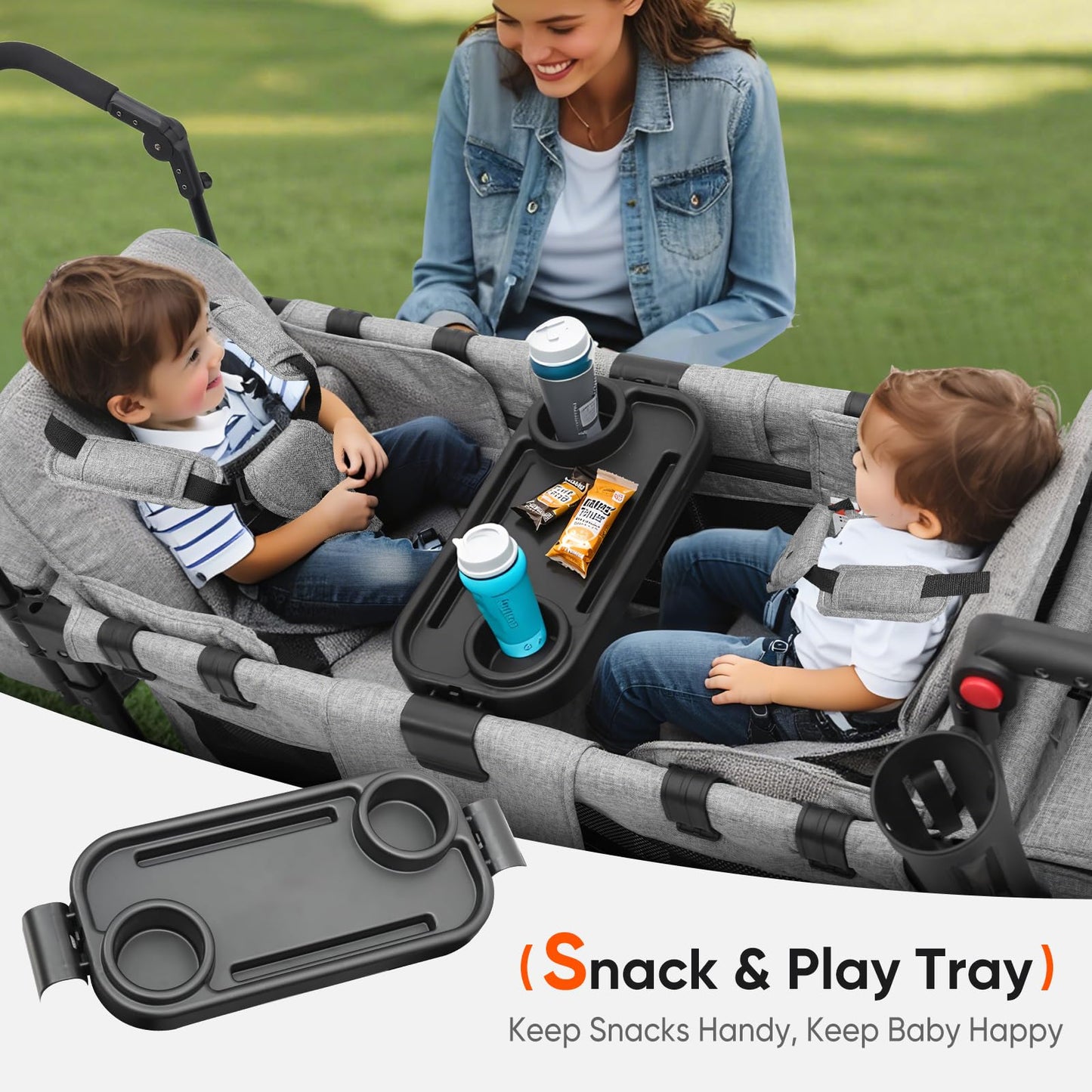 Sekey Wagon Stroller for 2 Kids, Luxury 4-in-1 Stroller Wagon - Premium Quality with Convertible Seats, Adjustable Push Handles, Removable Canopy, Snack Tray & Cooler, US Certified.