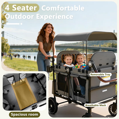 Kinder King Wagon Stroller for 4 Kids, All-Terrain Foldable Outdoor Stroller Wagon 4 Seater, Removable Canopy, Adjustable Handle, Detachable Tray, Large Storage, Grey