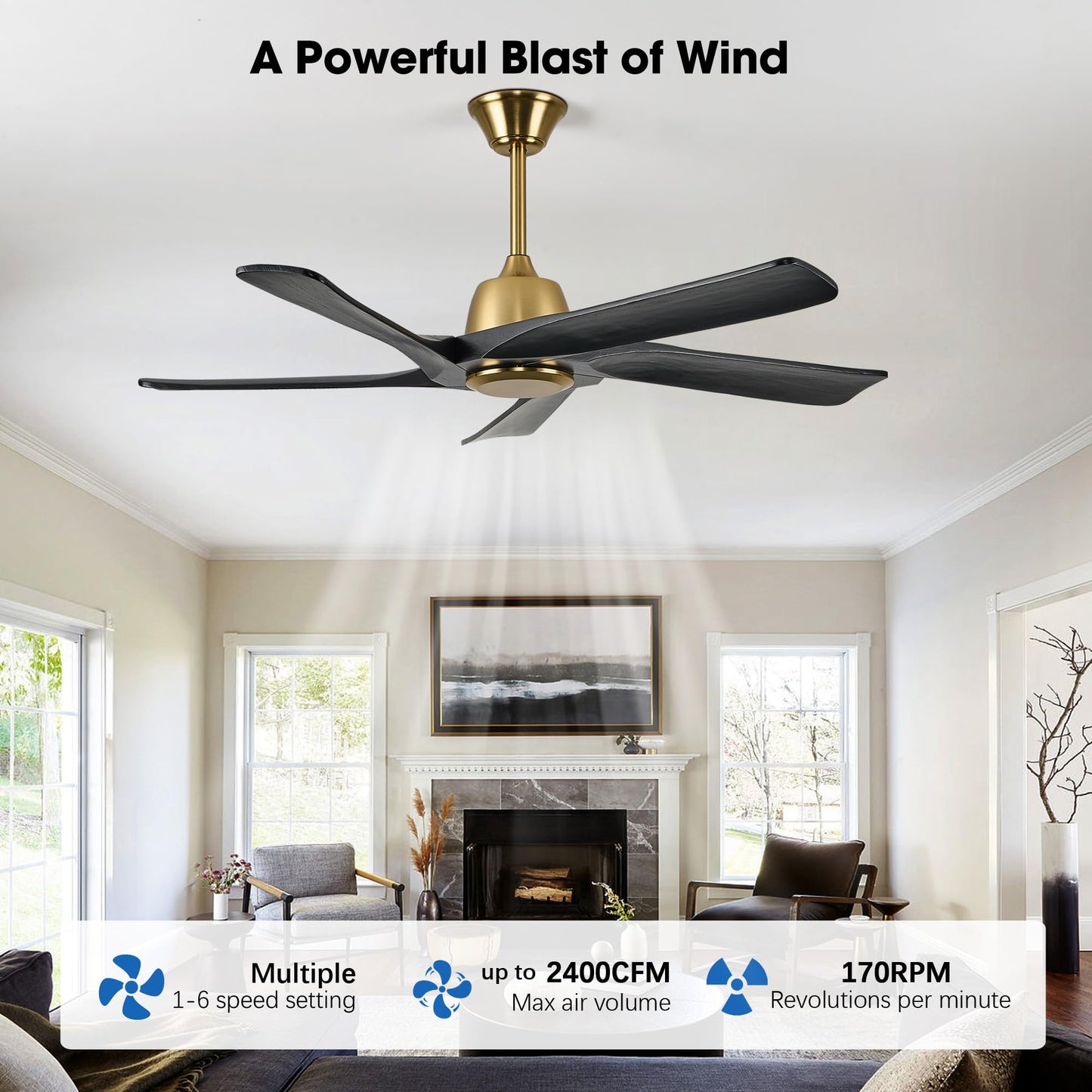 LVYEAYOU 52 Inch Solid Wood Ceiling Fan No Lights, Remote and APP Control, DC Motor, 6-speed Reversible, for Bedroom, Living Room, Office, Black Gold