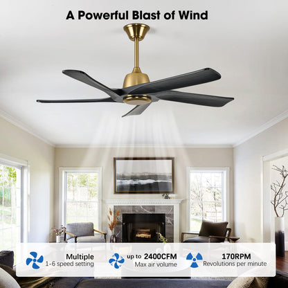 LVYEAYOU 52 Inch Solid Wood Ceiling Fan No Lights, Remote and APP Control, DC Motor, 6-speed Reversible, for Bedroom, Living Room, Office, Black Gold
