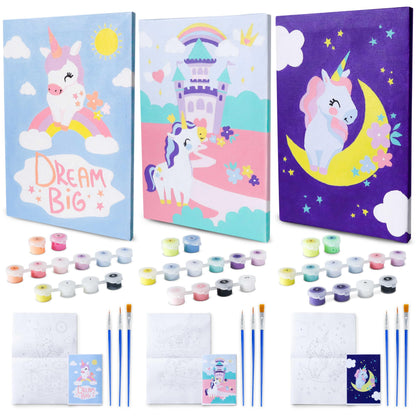 BONNYCO Paint by Numbers Kit for Kids Unicorns Pack 3 Canvas. Paint by Number, Canvas Framed Pre Drawn. Unicorn Gifts for Girls, Arts and Kids Crafts 4-6 8-12. Pintar por Numeros, Unicorn Craft