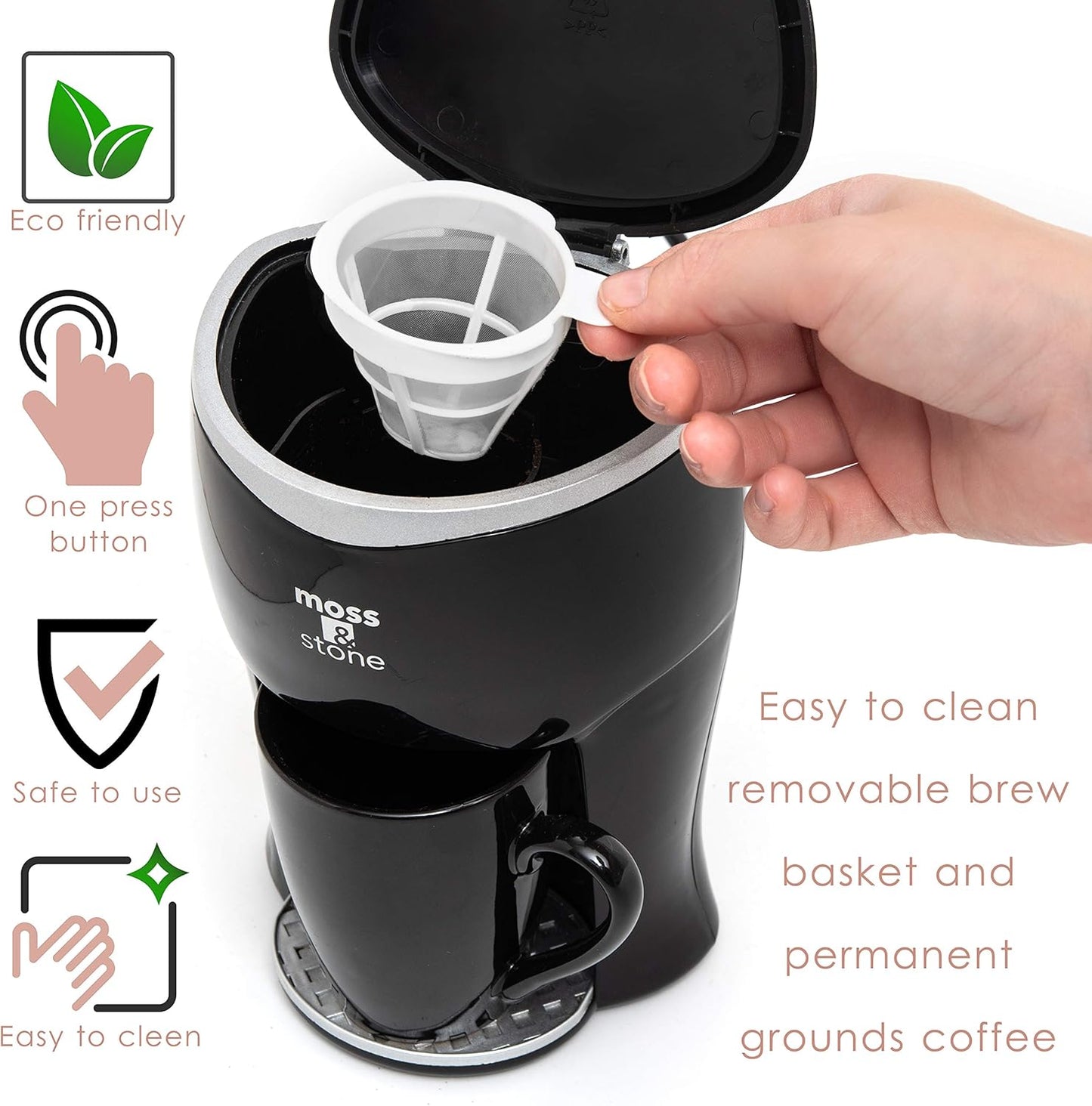 Moss & Stone Mini Drip Coffee Maker with Mug, Small Coffee Pot with 4oz Cup, One Cup Coffee Maker