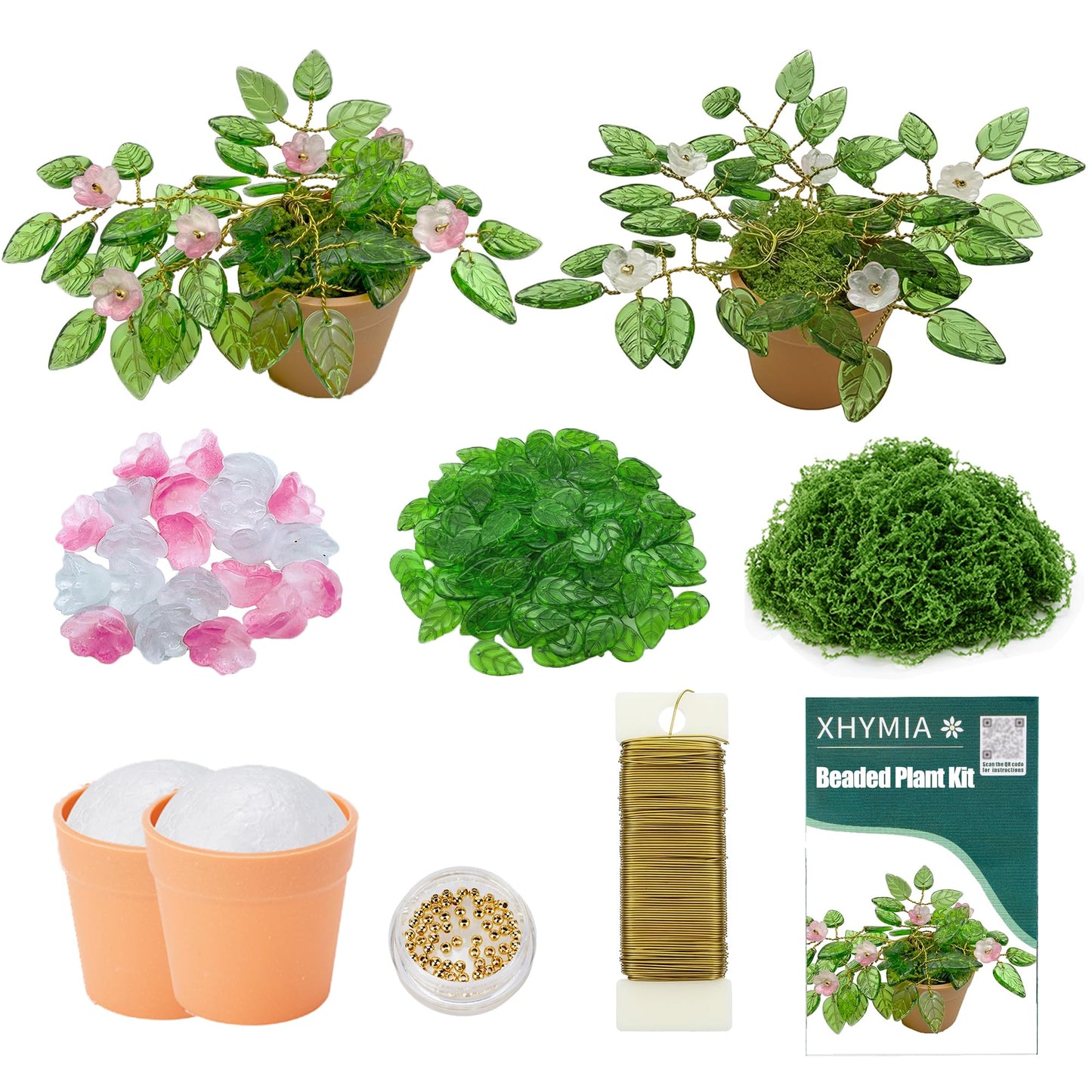 XHYMIA Beaded Plant Kit Green Glass Leaf Beads, Flower Glass Beads Mini Forever Plant Making and DIY Crafts with Video Tutorials