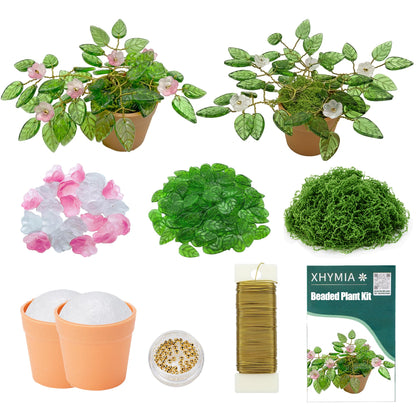 XHYMIA Beaded Plant Kit Green Glass Leaf Beads, Flower Glass Beads Mini Forever Plant Making and DIY Crafts with Video Tutorials