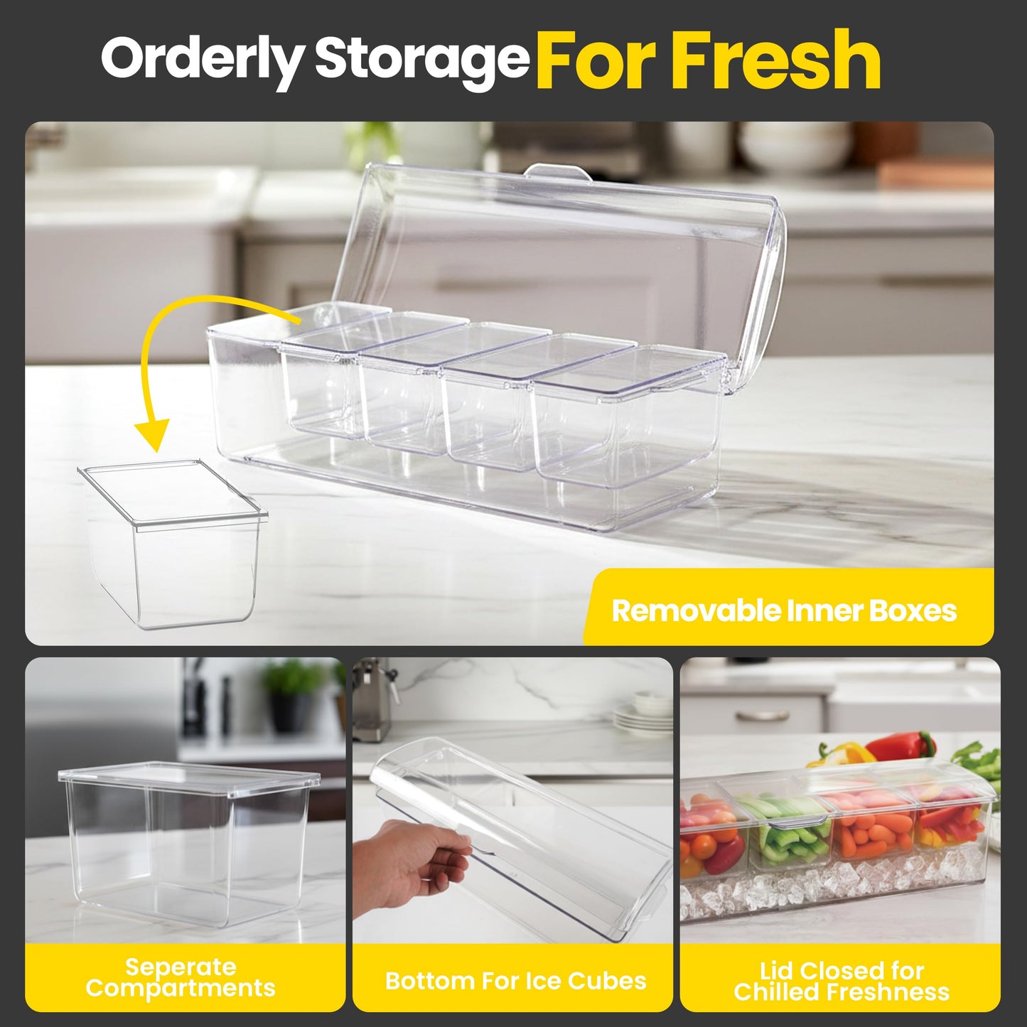 WISHMART Ice Chilled Condiment Caddy with Lid – 5 Removable Compartments, Utensils Included – Buffet Server for BBQ, Taco Bar & Parties