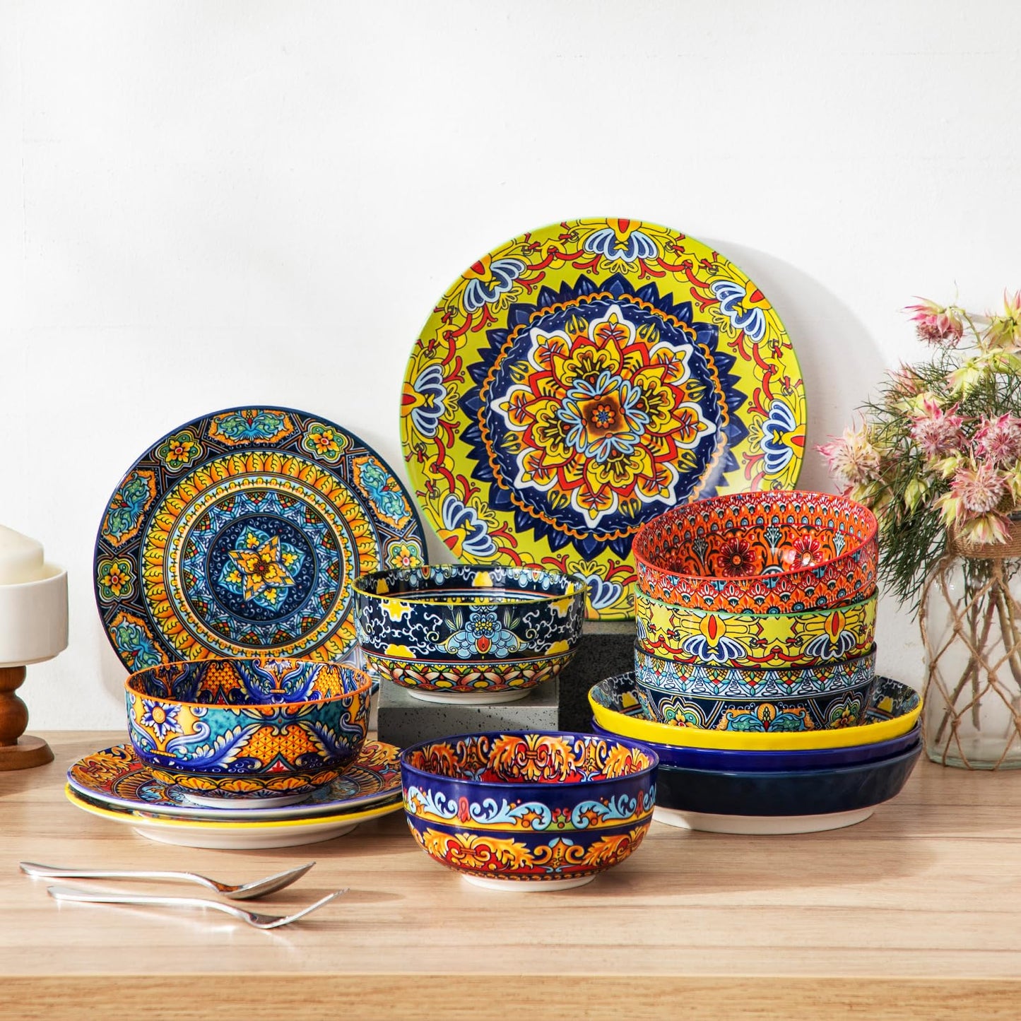 vancasso Cereal Bowls Set of 6, Porcelain Bowls for Eating, 28 oz Colorful Soup Bowls, Bohemian Ceramic Bowls for Salad, Fruit, Pasta, Microwave & Dishwasher Safe Bowls Set
