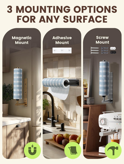 INMAKER Magnetic Paper Towel Holder, Strong Magnet Paper Towel Holder for Fridge, Kitchen, RV, Garage, Grill with Self Adhesive Wall Mount and Screws, One Hand Tear with Adjustable Damping (Gold)