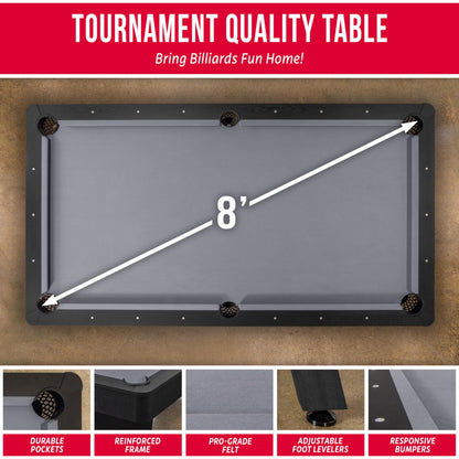 GoSports 8 ft Pool Tables with Wood Finish - Billiards Game Room Table for Adults & Family - Accessories Not Included - Gray