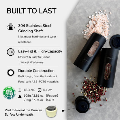 Aurevit Salt And Pepper Grinder Set Manual, Salt And Pepper Mill With Ceramic/Stainless Steel Core, External Adjustable Coarseness, Refillable, Durable (2 Packs, Black)