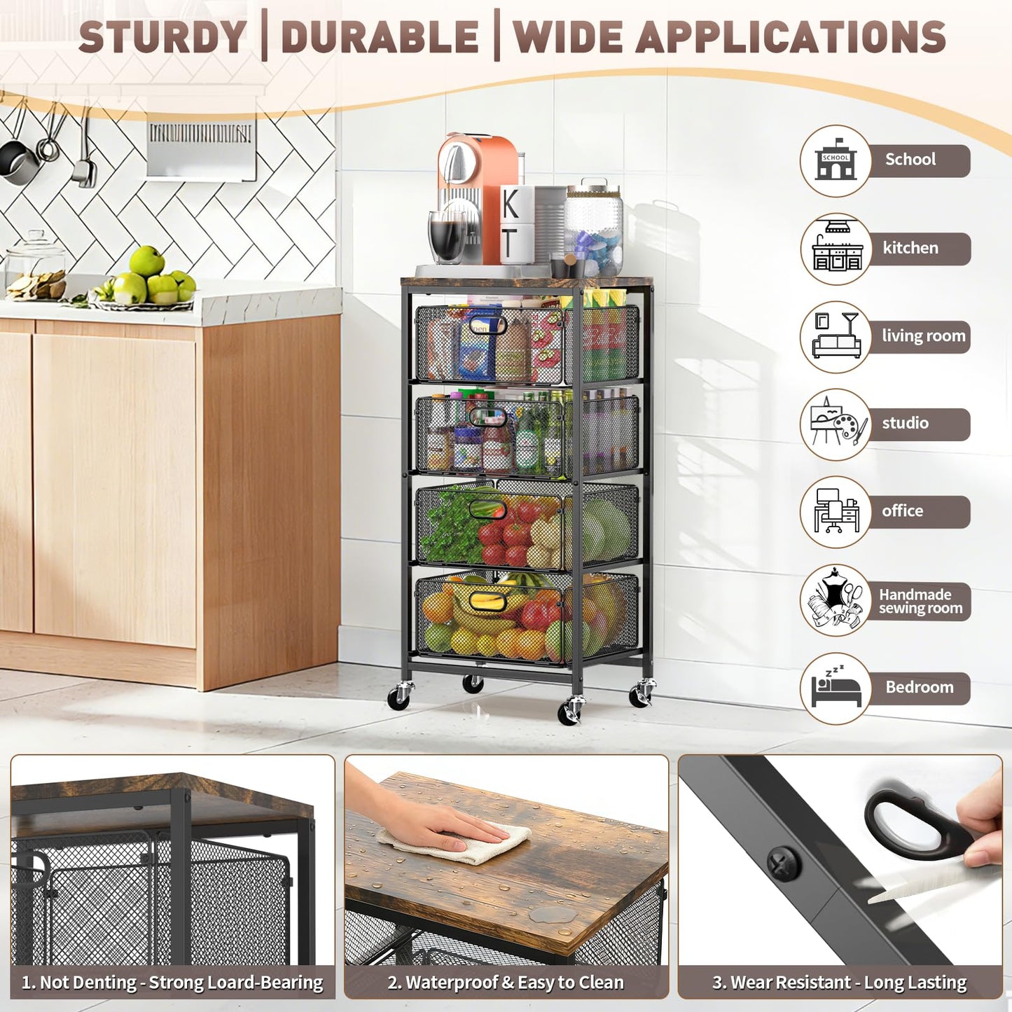 SUNALLY Rolling Kitchen Cart with Drawers, 4-Tier Utility Cart Fruit Vegetable Storage Cart with Lockable Wheels, Wooden Top Metal Kitchen Storage Organizer for Cans, Snacks, Beauty, Craft, Art, Black