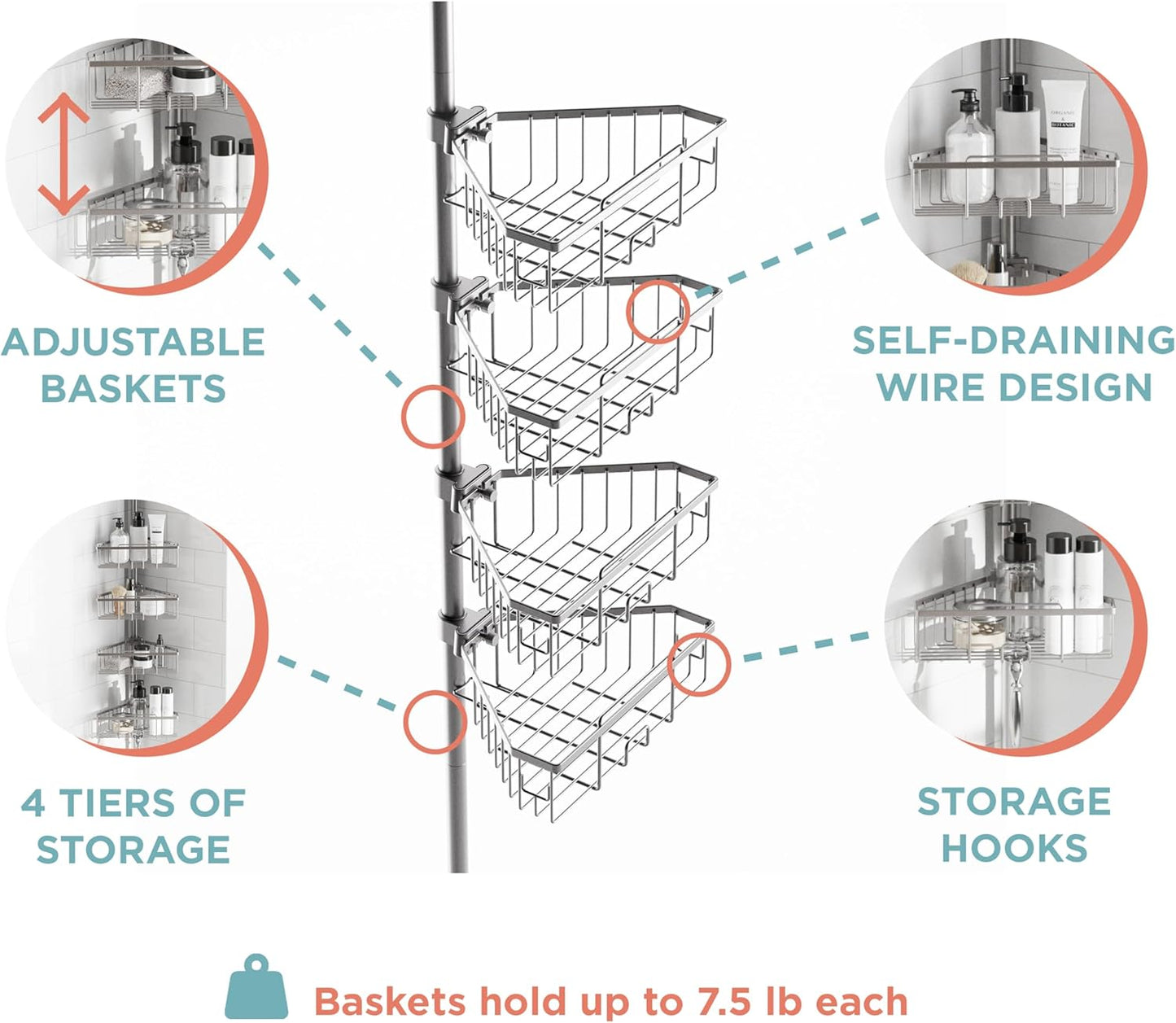 Zenna Home Tension Pole Shower Caddy - Adjustable 4 Basket Shelves, 60 to 108 Inch, Satin Nickel
