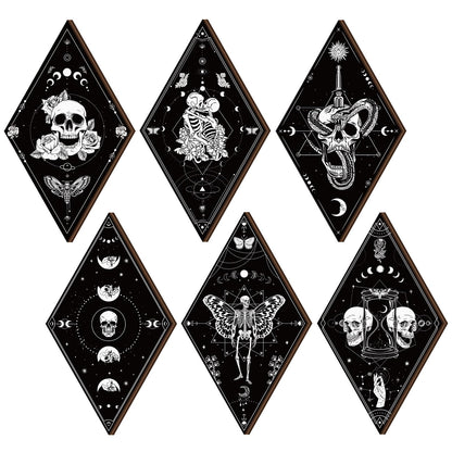 Huwena 6 Pack Gothic Wall Decor for Bedroom Living Room Dark Boho Skull Moon Snake Sun Phase Wooden Hanging Art