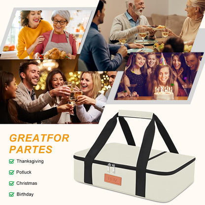 BBV Insulated Casserole Carrier for Hot or Cold Food, Food Warmer Bag Fits 9"x13" Baking Dish, Durable Nylon Leak Proof Food Containers for Travel, Potluck, Parties, Picnic, Cookouts (Beige)