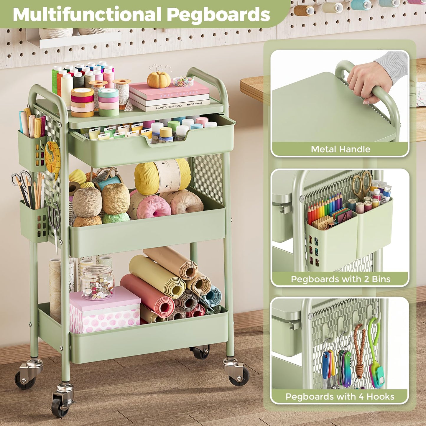 Rolling cart with Drawers - 3 Tier Metal Multifunctional Storage Organizors on Wheels with Tabletop, Hooks & Basket, Sturdy Craft & Art Cart for Bathroom, Bedroom, Children Room, Green